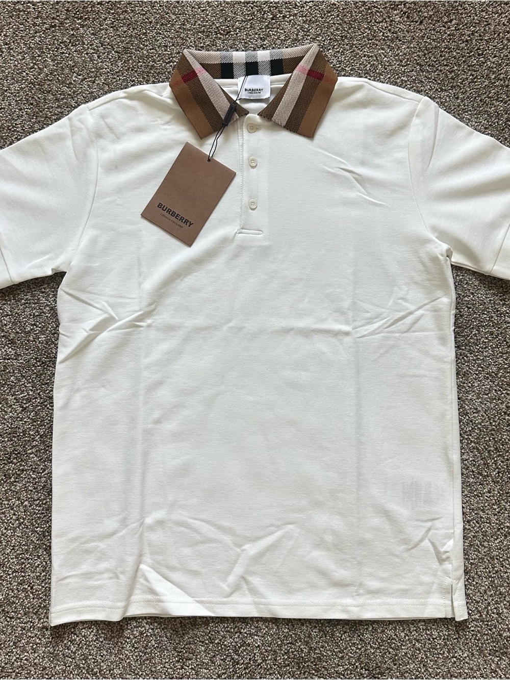 Burberry White Polo with Signature Check Collar Detail